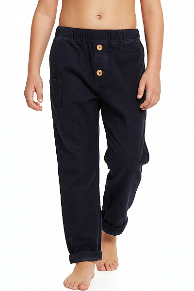 Dětské Bavlněné Tmavě Modré Manšestrové Kalhoty Kapsáčové Volné