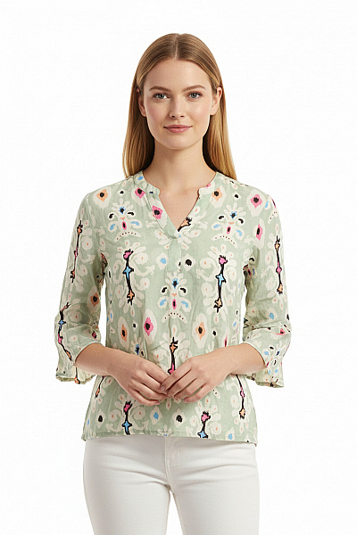 Viskózová Halenka Světle Zelená Vzorovaná Etno Volná S 3/4 Rukávem Velikost S