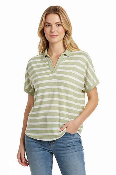 BRAX Dámské Lněné Pruhované Tričko Zelené S Krátkým Rukávem A Límečkem Vel. 42