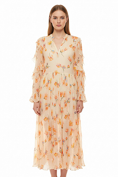 Zadig&Voltaire Deluxe Viskózové Dlouhé šaty S Dlouhým Rukávem Květované Volné Boho Velikost XS