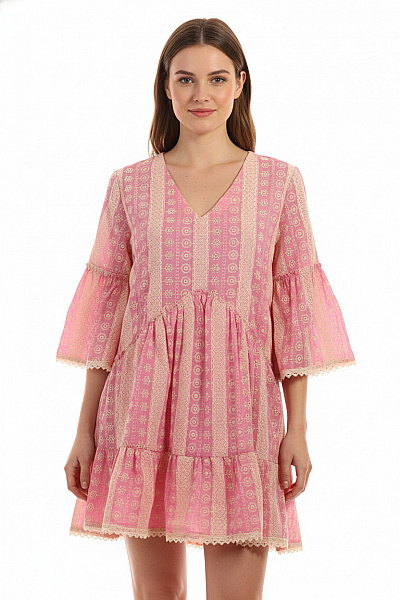 Valérie Khalfon Růžové šaty Dámské Krátké Krajkové Vyšívané Volnočasové Letní Boho Vel. 42