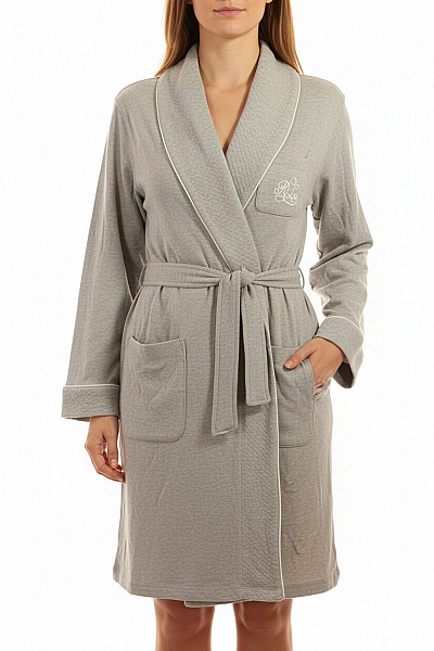 Ralph Lauren Dámský Bavlněný šedý župan S Bílým Lemováním A Monogramem Vel. EU M