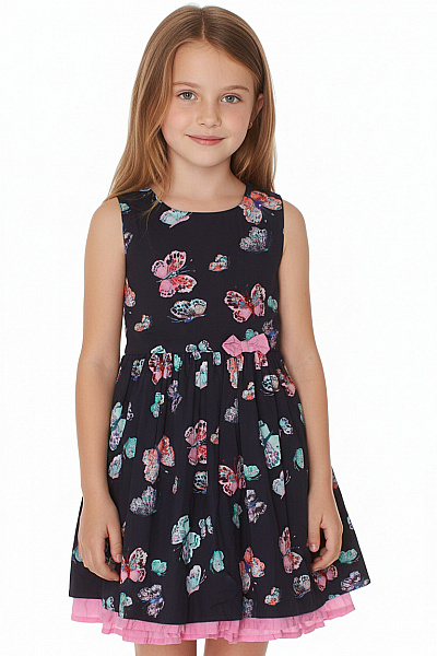 Happy Girls Dětské Bavlněné šaty Tmavé Motýlkový Vzor Mašle Velikost EU 134