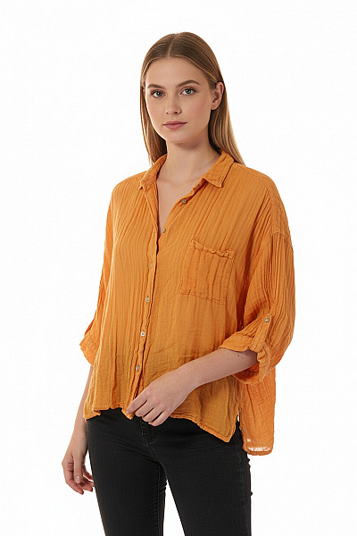 Oranžová Košile Krátký Rukáv Volná Ležérní Letní Průhledná Vel. S