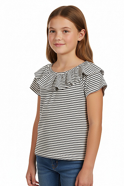 KIDS Dívčí Bavlněné Pruhované Tričko S Volánem Krátký Rukáv