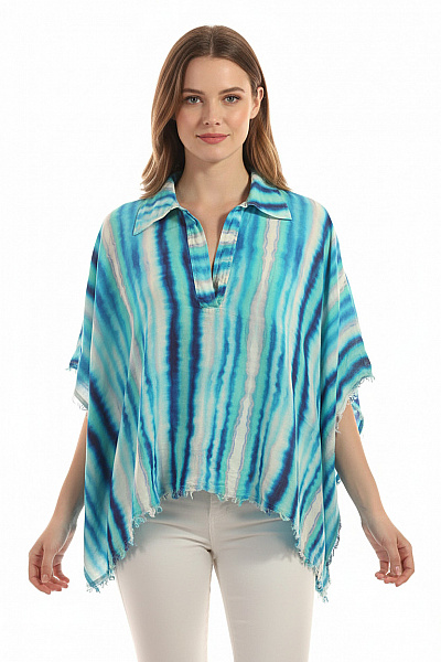 Dámská Viskózová Tunika Oversize Modrá Pruhovaná Letní S Límečkem