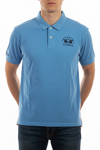 La Martina Pánské Modré Bavlněné Polo Tričko S Krátkým Rukávem A Potiskem Vel. 4XL