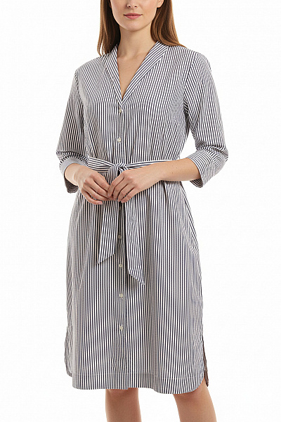 LAWRENCE GREY Dámské šaty Košilové S Páskem Modré Pruhované Bavlna Volnočasové S Dlouhým Rukávem Vel. 44