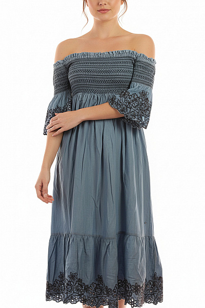 Pepe Jeans Modré Lyocellové Midi Šaty Boho S Odhalenými Rameny Vyšívané Letní Volné Vel. XS