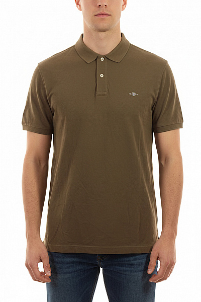 GANT Pánské Bavlněné Polo Tričko S Krátkým Rukávem A Výšivkou Khaki Velikost XL
