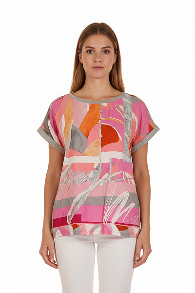 BETTY BARCLAY Dámská Viskózová Halenka Krátký Rukáv Barevné Vzorovaná Letní Volná Velikost L