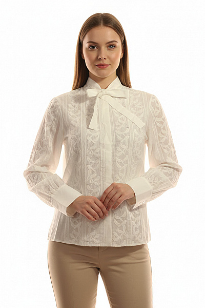 MARCCAIN Dámská Elegantní Košile S Mašlí A Výšivkou Bavlněná Bílá Vel. S