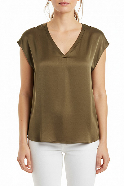 LAWRENCE GREY Dámská Polyesterová Halenka Khaki V-výstřih Krátký Rukáv Volná Letní Velikost M