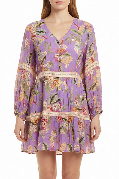 Watercult Dámské šaty S Dlouhým Rukávem Květované Fialové Volnočasové Boho Vel. L