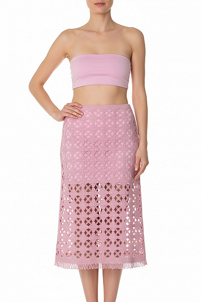 Maje Růžová Háčkovaná Midi Sukně S Třásněmi Letní Průsvitná Vel. 36
