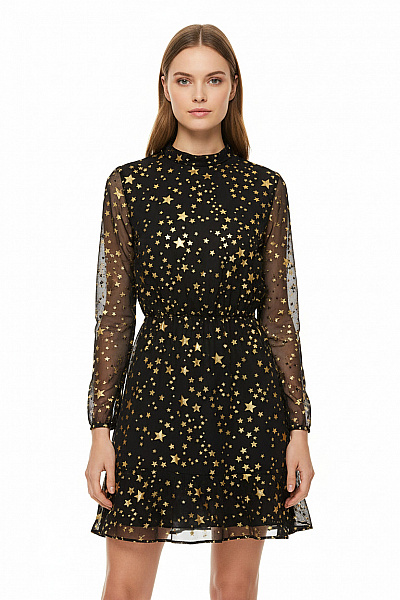 VALENTINO Dámské šaty S Dlouhým Rukávem černé Se Zlatými Hvězdami Elegantní Na Párty Vel. 36