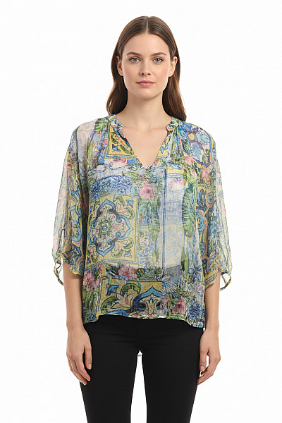 Princess Goes Hollywood Dámská Halenka S Potiskem A Výstřihem Do V, Volná, Průsvitná, Jarní, Boho Velikost M