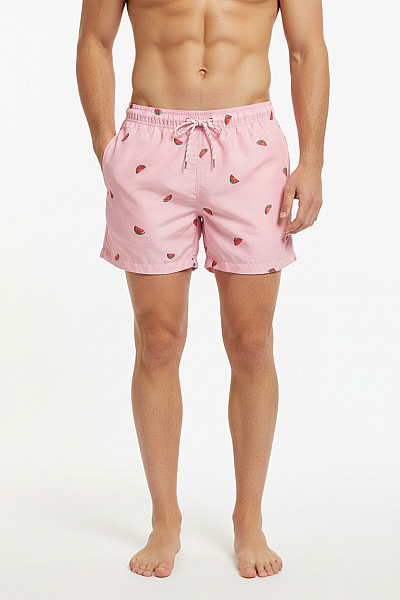 HM  Pánské Růžové Kraťasy S Potiskem Vodních Melounů, Volnočasové, Plážové, Krátké, S Gumou V Pase, Polyesterové Velikost EU M