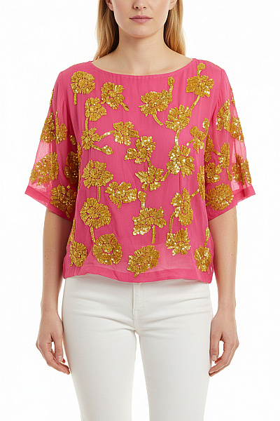 P.A.R.O.S.H. Dámská Růžová Halenka S Krátkým Rukávem A Flitry Květinová Velikost L