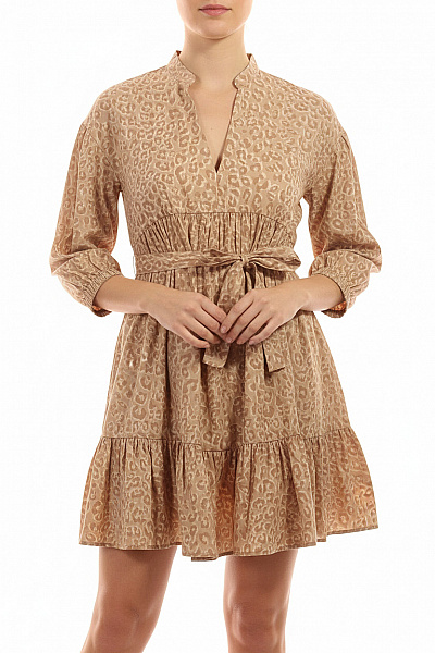 TWINSET Dámské šaty S Krátkým Rukávem A Páskem Zvířecí Vzor Béžové Volnočasové Vel. 44