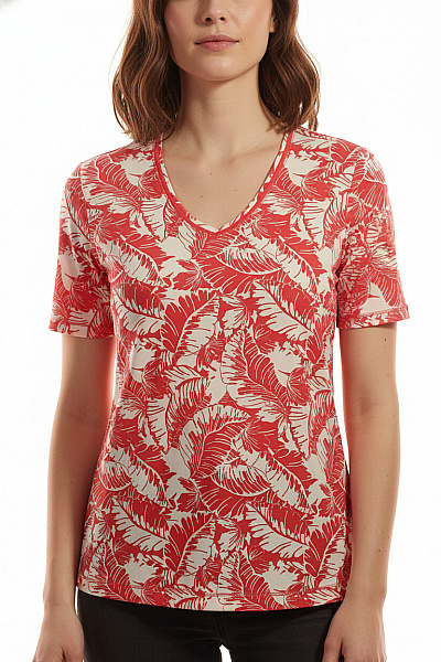 OLSEN Dámské Tričko S Krátkým Rukávem A Potiskem Listů červené Velikost 42