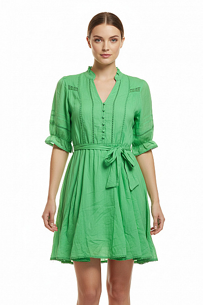 Neo Noir Zelené Bavlněné šaty S Krátkým Rukávem A Páskem Letní Boho Velikost 34