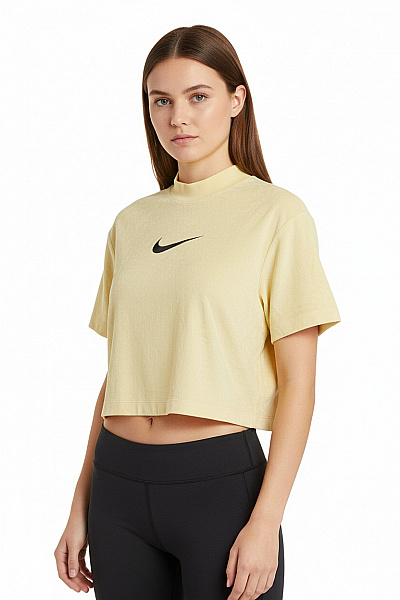 Nike Dámské žluté Tričko Crop Top S Krátkým Rukávem A Stojáčkem Velikost XS