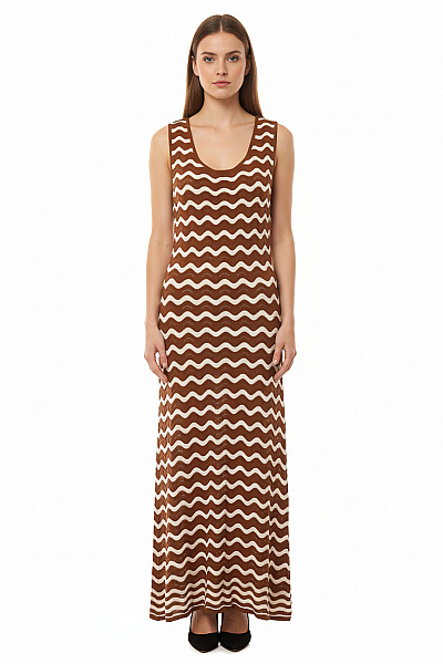 Emilio Sarto Dámské Pletené šaty Bez Rukávů Hnědé S Vlnkami Dlouhé Letní Volnočasové Vel. XL