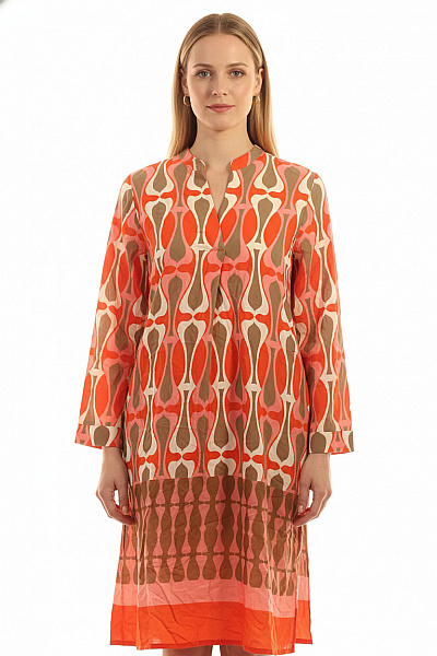 Key Largo Dámské Tunikové šaty S Dlouhým Rukávem Retro Oranžové Vzorované Plátěné Volné Vel. EU L
