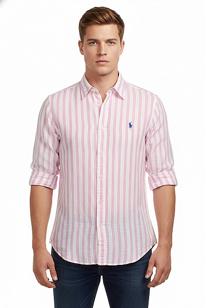 Ralph Lauren Pánská Košile S Dlouhým Rukávem Růžová Pruhovaná Ležérní Vel. L