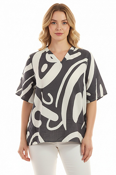 DORISSTREICH Dámská Halenka S Krátkým Rukávem A Potiskem, Volná, Letní, Lněná, černobílá Velikost 48