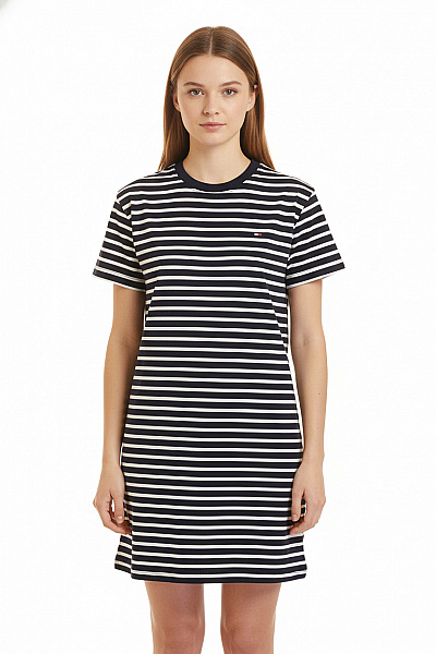 TOMMY HILFIGER Dámské Pruhované Tričkové šaty Krátký Rukáv Volnočasové Velikost S