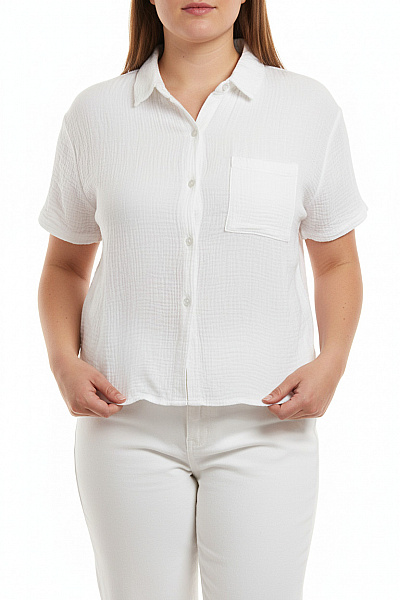 Sublevel Dámská Bílá Košile Krátký Rukáv Ležérní Letní Crop Velikost L/XL