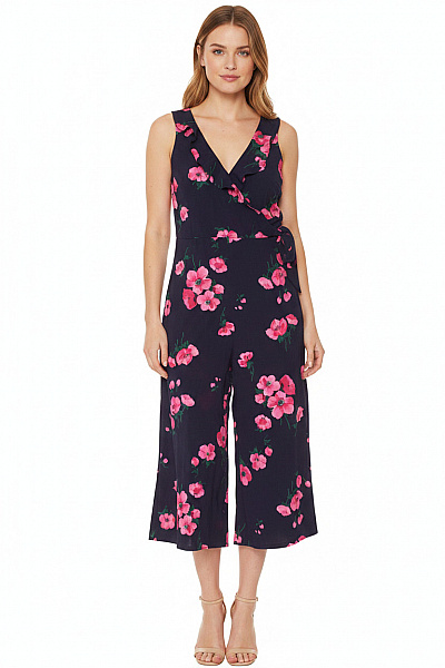 Warehouse Dámský Tmavě Modrý Květovaný Overal Bez Rukávů Velikost 12
