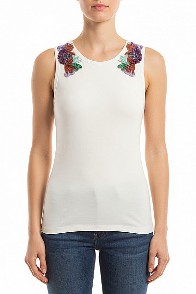 DOROTHEE SCHUMACHER Dámské Tílko Bílé S Flitry Květinový Vzor Bez Rukávů Vel. XS