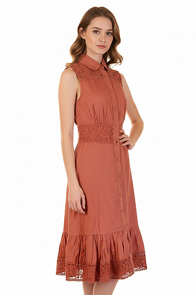 Guess Dámské Bavlněné šaty Bez Rukávů Košilové Midi Krajkové S Páskem Oranžové Vel. XS