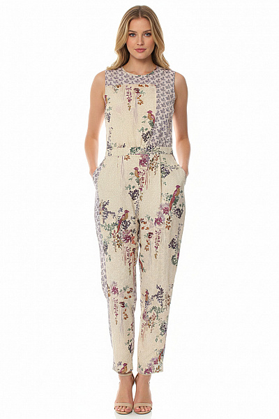 Asos Overal Bez Rukávů Květinový Ptáček Béžový Vel. UK 12