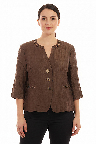 GERRY WEBER Dámská Halenka Krátký Rukáv S Kamínky Lněná Elegantní Hnědá Vel. 45