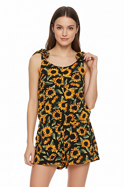 Monki černé Overaly Bez Rukávů Letní Vzor Slunečnice Vel. XS