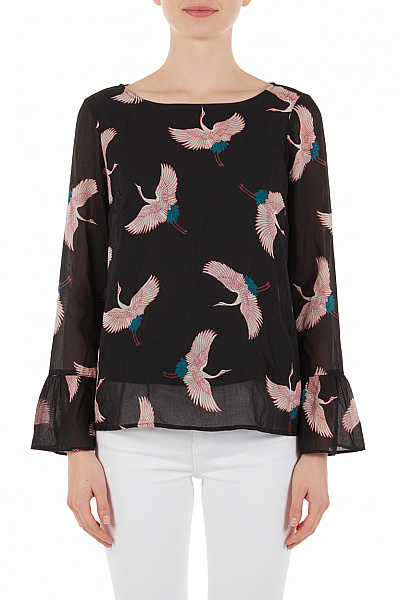 COMMA Dámská Hedvábná Halenka S Dlouhým Rukávem A Potiskem Jeřábů Vel. 36