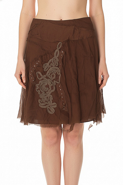 Essentiel Dámská Hnědá Hedvábná Sukně S Výšivkou Asymetrická Průsvitná Vel. 36