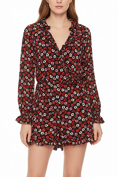 Topshop Dámský černý Květinový Overal S Dlouhým Rukávem Vel. 40