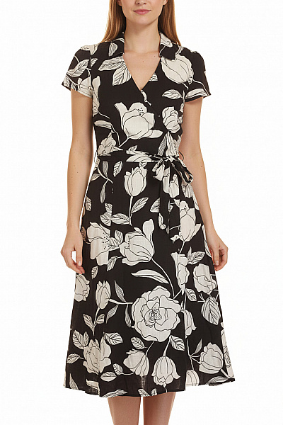 Hobbs Černobílé Květované Lněné šaty Zavinovací Midi S Páskem Velikost 8