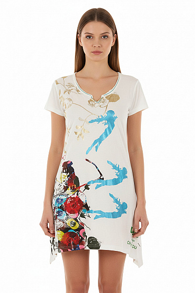 DESIGUAL Dámské Bavlněné Tričko S Krátkým Rukávem A Potiskem Asymetrické Velikost S