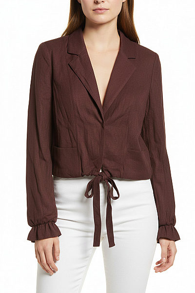 NOA NOA Dámské Sako Hnědé Elegantní Volnočasové S Páskem Crop Do Pasu Velikost S