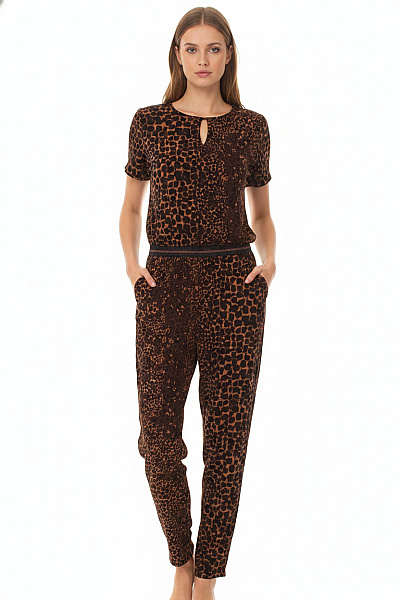 SAINT TROPEZ Overal Krátký Rukáv Hnědý Leopard Vzor Polyester Vel. S