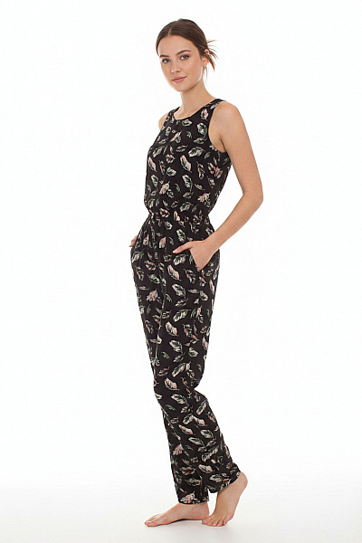 TOM TAILOR černé Dámské Overaly Bez Rukávů S Potiskem Listí Velikost S