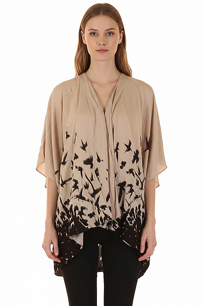 Topshop Dámská Halenka S Krátkým Rukávem A Potiskem Ptáků Béžová Velikost 36