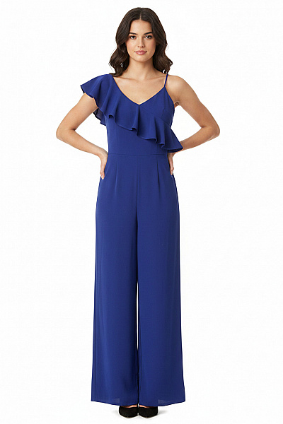 GREEN COAST Modrý Overal Volný Volánový Společenský Bez Rukávů Velikost 34