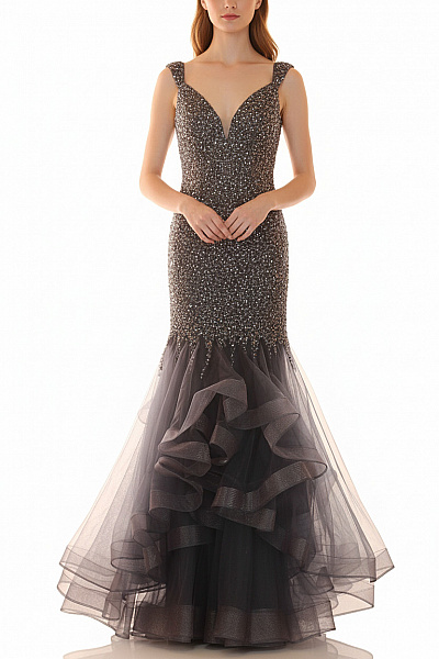 Dlouhé Společenské šaty Na Ramínka Třpytivé S Volány Velikost XXS